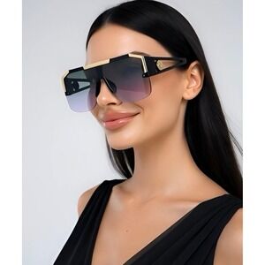 Shield Sunglasses Gold Top Metal Bar Trim Rimless Oversized Shadades Square New